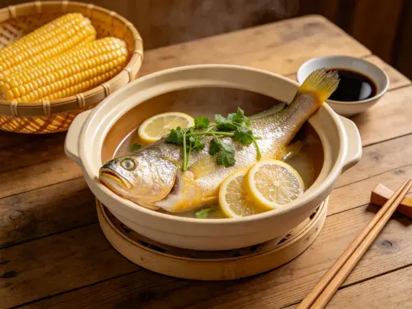 木质桌面上的清蒸鱼料理呈现