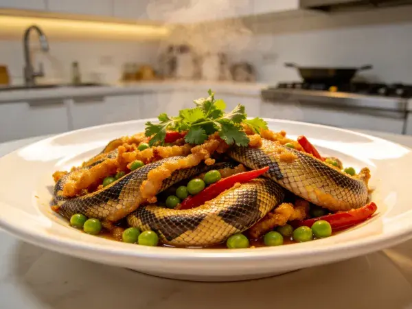 蛇肉炒豌豆的现代厨房呈现