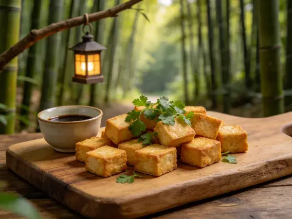 竹林间木板上金黄炸豆腐的呈现
