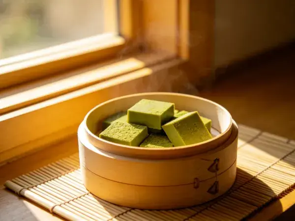 阳光下竹制容器里的抹茶糕点
