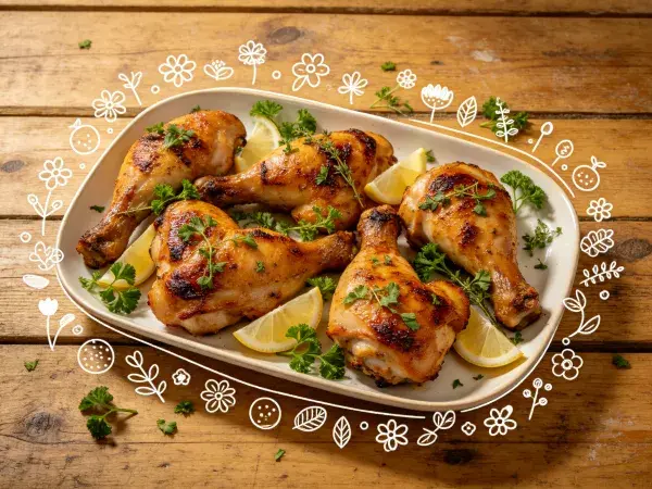 烤鸡腿在木盘上的呈现