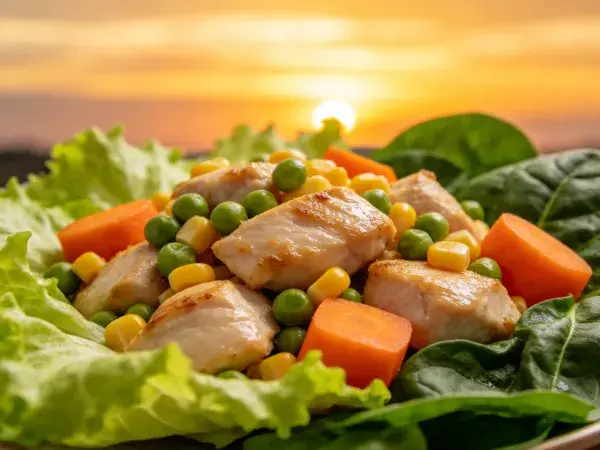 暖光下鸡肉蔬菜沙拉的精致摆盘