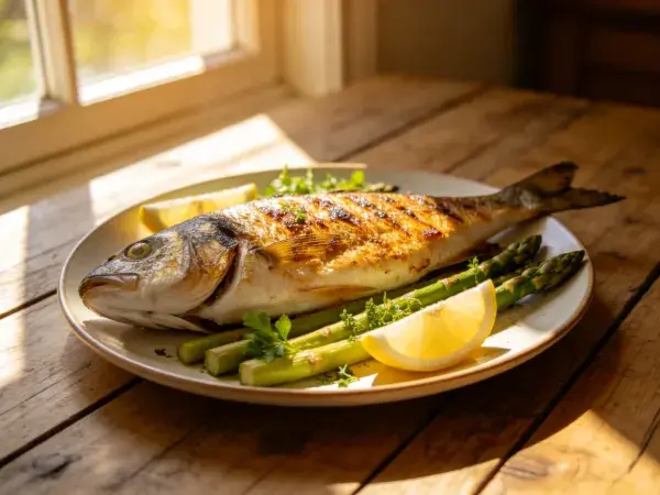 烤鲈鱼配芦笋柠檬摆盘在木桌上