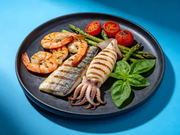 黑盘上的多元海鲜料理