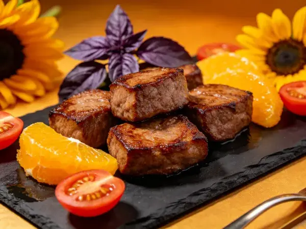 黑板上的煎制肉块与水果搭配展示