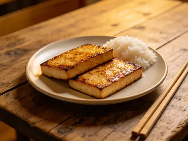风味煎豆腐配米饭摆盘展示
