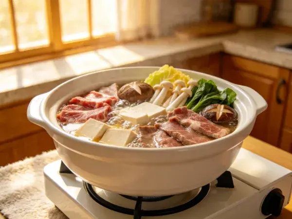 牛肉豆腐火锅在小型炉灶上的烹饪状态