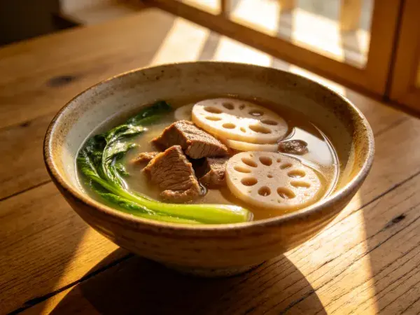 阳光窗边木桌上的牛肉藕片汤