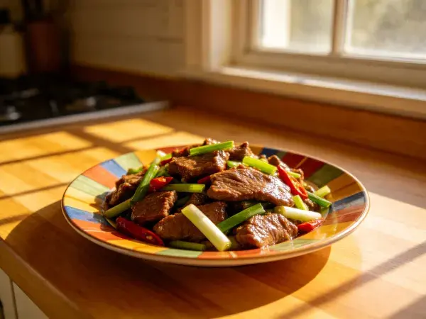 窗边木桌上的牛肉辣椒葱段小炒