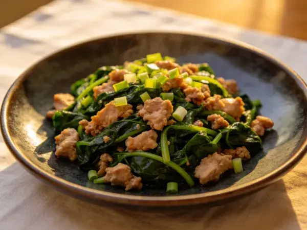 香葱肉末菠菜炒菜呈现