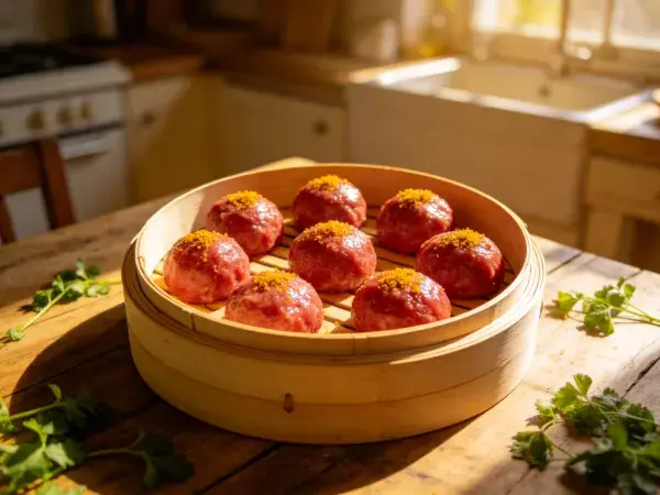 露天厨房中竹制蒸笼内的蒸肉丸呈现