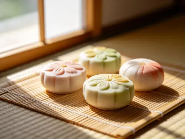 阳光下竹垫上的花形和果子摆盘