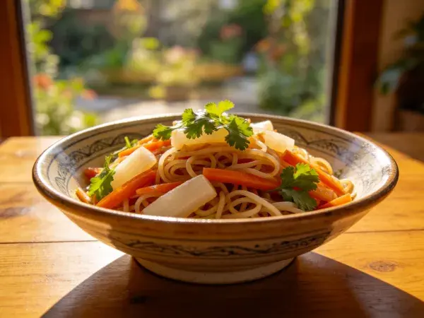 木桌上陶瓷碗里的蔬菜面条