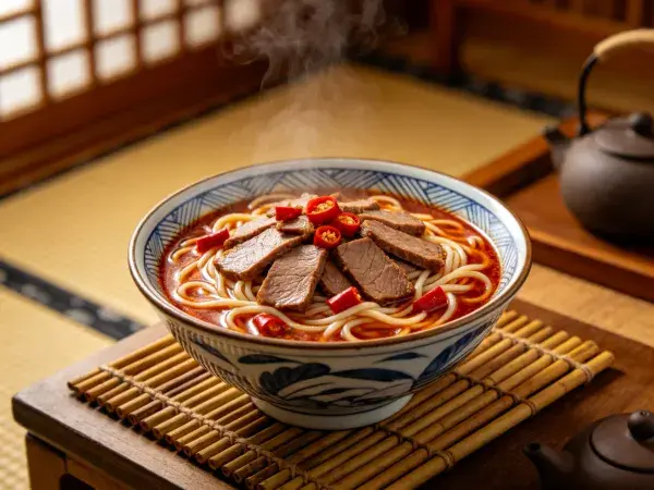 麻辣牛肉面在日式风格空间内的呈现