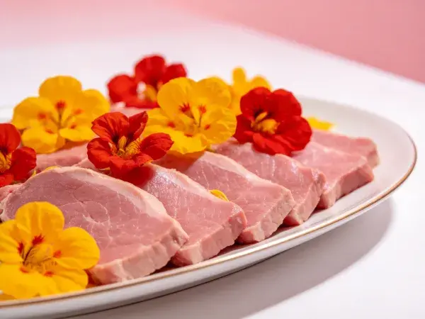 白色餐盘上的猪里脊肉片装饰