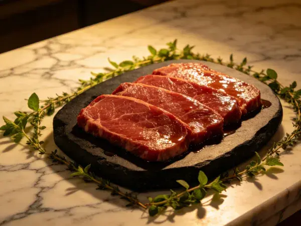 新鲜生牛肉切片摆放在石板上
