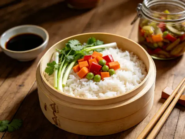 蔬菜盖饭在木桌上的呈现