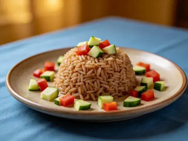 青布桌上的时蔬拌饭呈现