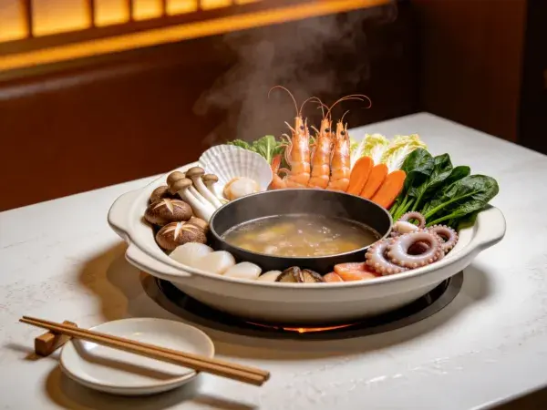 餐厅内热气升腾的海鲜火锅盛放