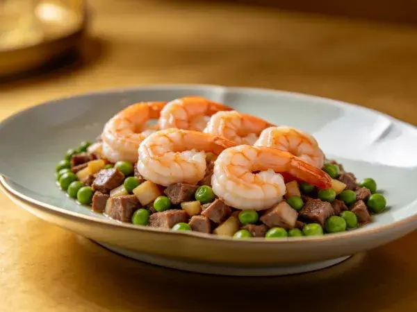 浅色瓷盘中的虾仁豌豆炒肉料理