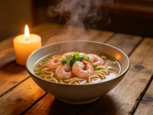 木桌上热鲜虾汤面的呈现