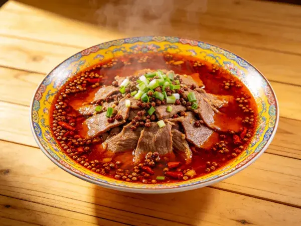 麻辣牛肉在木桌上的呈现