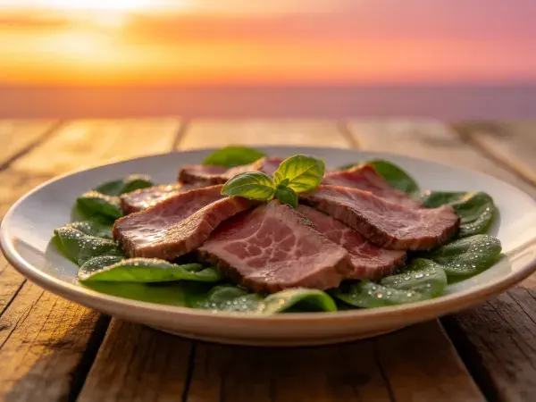 户外场景中煎烤牛肉片的摆盘呈现