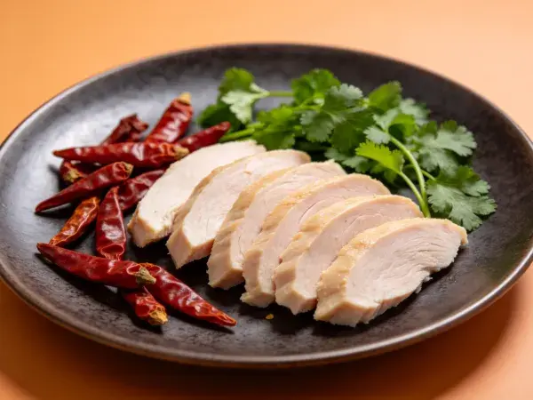 清蒸鸡胸肉切片搭配干辣椒香菜摆盘