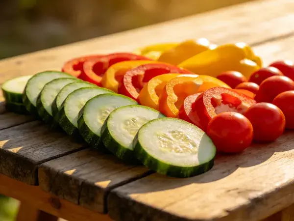 露天木桌上彩色蔬菜切片的呈现