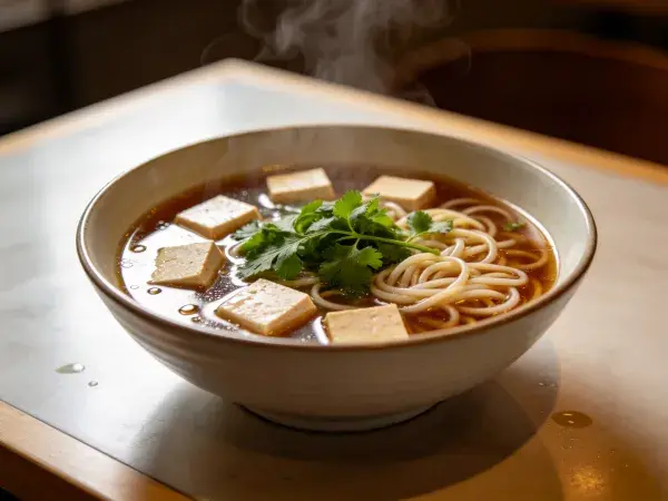 面条豆腐汤的近景展示