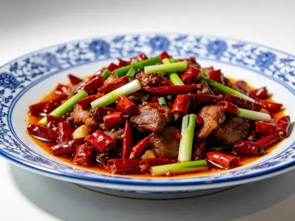 麻辣辣子肉配青葱盛于青花瓷碗中