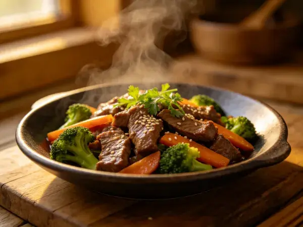 黑色砂锅牛肉西兰花炒菜特写