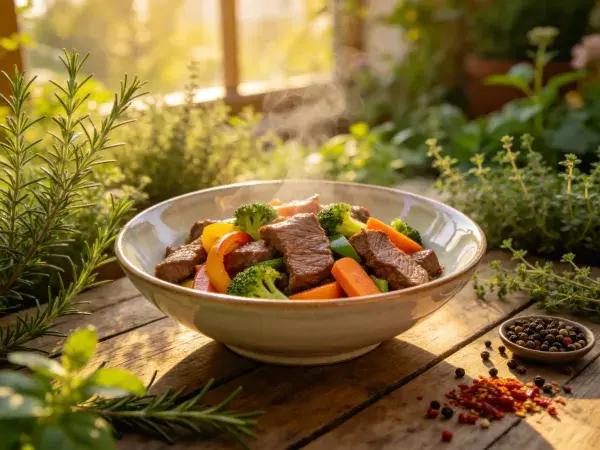 阳台木桌上牛肉时蔬炒菜的呈现