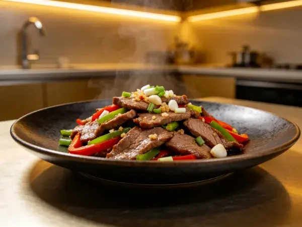 彩椒牛肉片在深色碗中的呈现