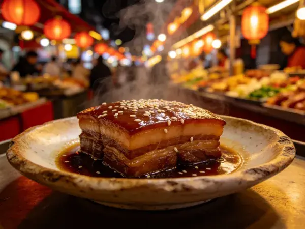 夜市灯光下热气腾腾的红烧五花肉摆盘