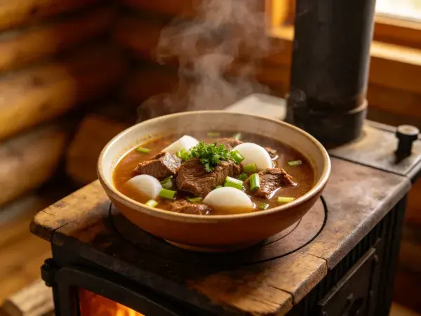 牛肉炖萝卜在木炉上的呈现