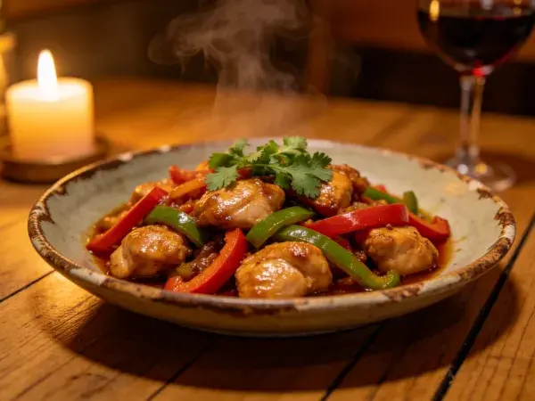 彩椒炒鸡块的餐桌呈现