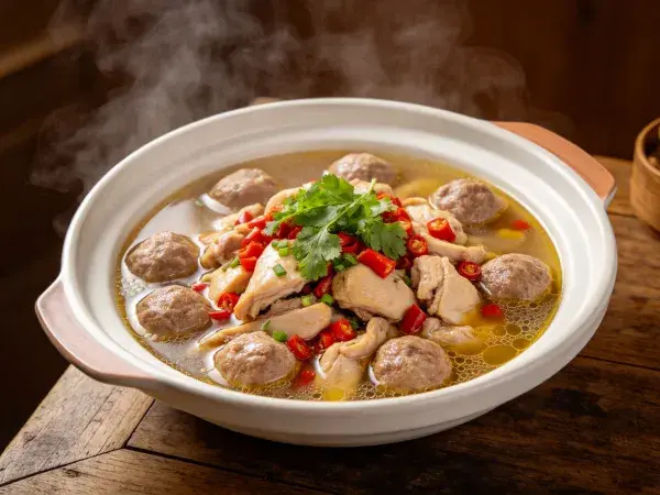 鸡肉肉丸汤锅在木质桌面上的呈现