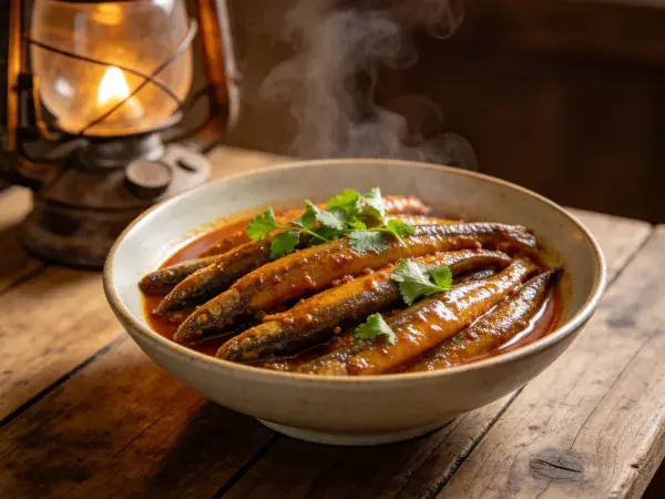 露天木桌上的红烧小鱼料理呈现
