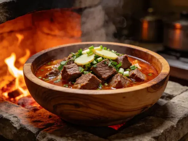 牛肉炖菜盛于木碗之中