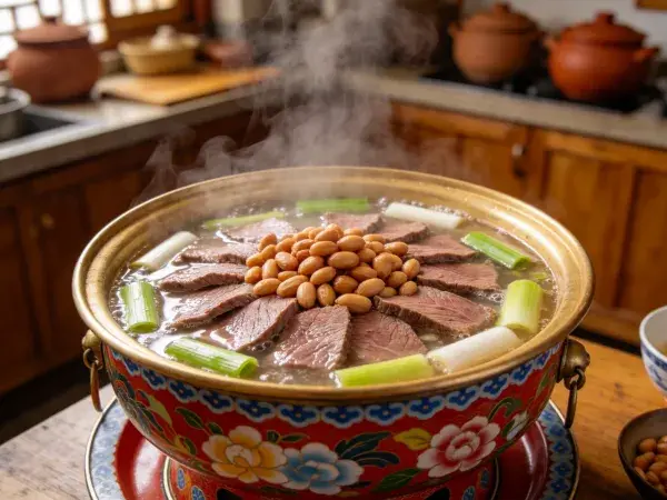 木制厨房中彩色陶盆盛装的牛肉锅仔