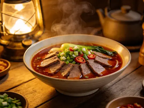 麻辣牛肉汤在木质桌面上的呈现