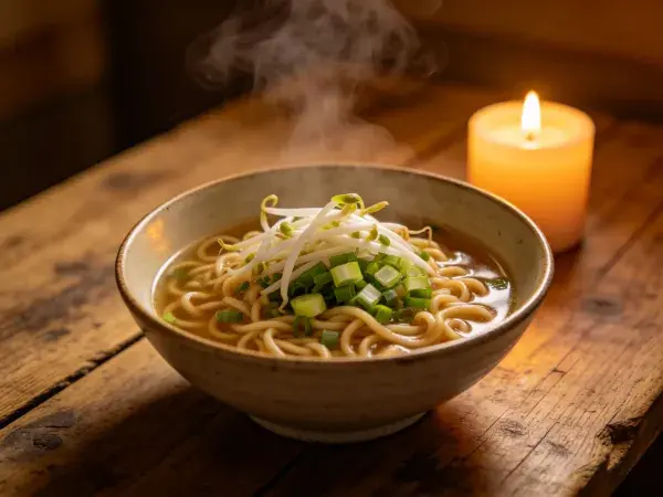 木桌上热汤面的暖光呈现