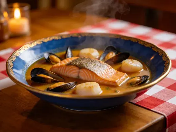 木桌上蓝碗装的三文鱼海鲜炖煮料理