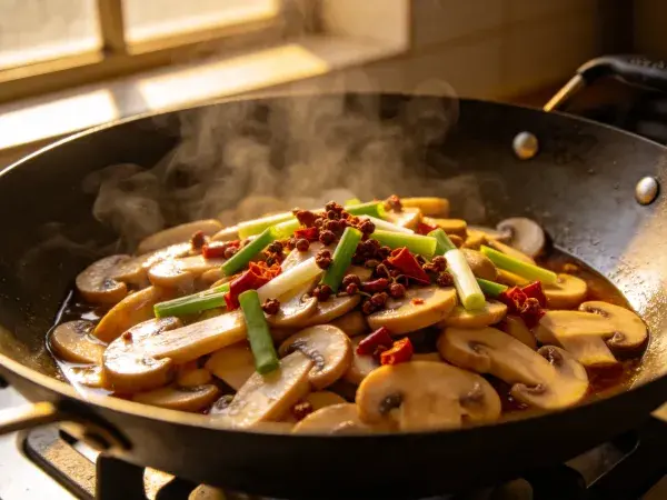 麻辣口蘑小炒在黑色铁锅中的烹饪呈现