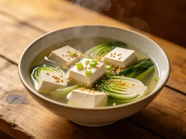热气升腾的青菜豆腐汤
