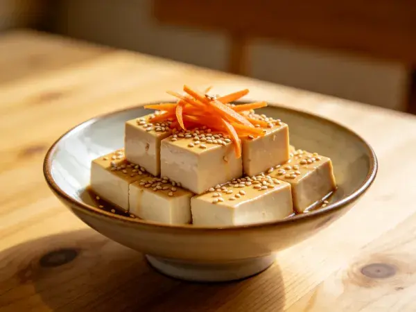 酱汁豆腐在木桌上的呈现