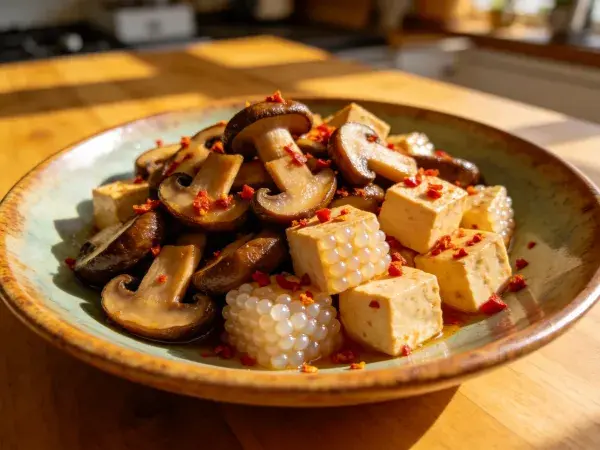 陶瓷碗中蘑菇豆腐料理的呈现