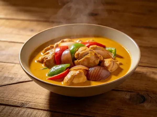 咖喱鸡肉料理在木桌上的呈现