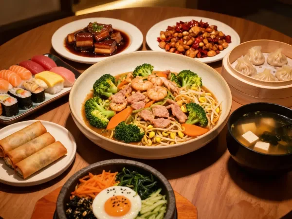 海鲜时蔬拌面中包含鲜、西兰花等多种食材,面条呈金黄色,表面覆盖着丰富的配料。